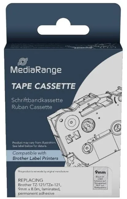 Banda etichete MediaRange Benzile etichete Mediarange, 9mm, 8m, autocolant permanent, negru pe transparent