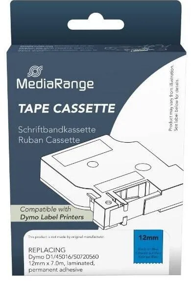 Banda etichete MediaRange Benzile etichete Mediarange, 12mm, 7m, adeziv laminat permanent, negru pe albastru