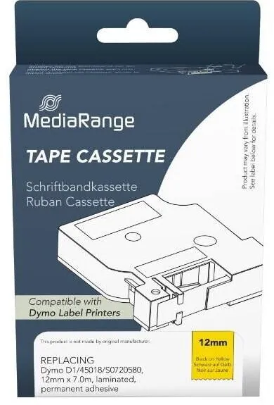 Banda etichete MediaRange Benzile etichete Mediarange, 12mm, 7m, autocolant permanent, negru pe galben