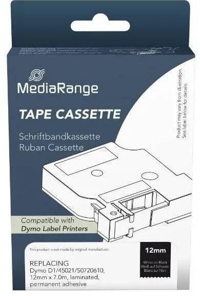 Banda etichete MediaRange Benzile etichete Mediarange, 12mm, 7m, adeziv permanent, alb pe negru