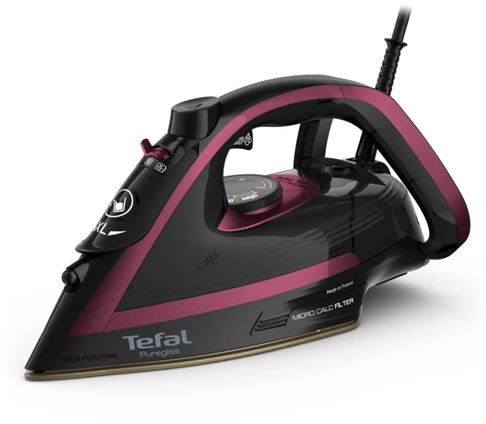 TEFAL Fier de calcat cu abur Tefal Puregliss FV8065E0, abur variabil 50 g/min, jet de abur 280 g/min, 3000 W, sistem Micro Calc Filter, negru & visiniu