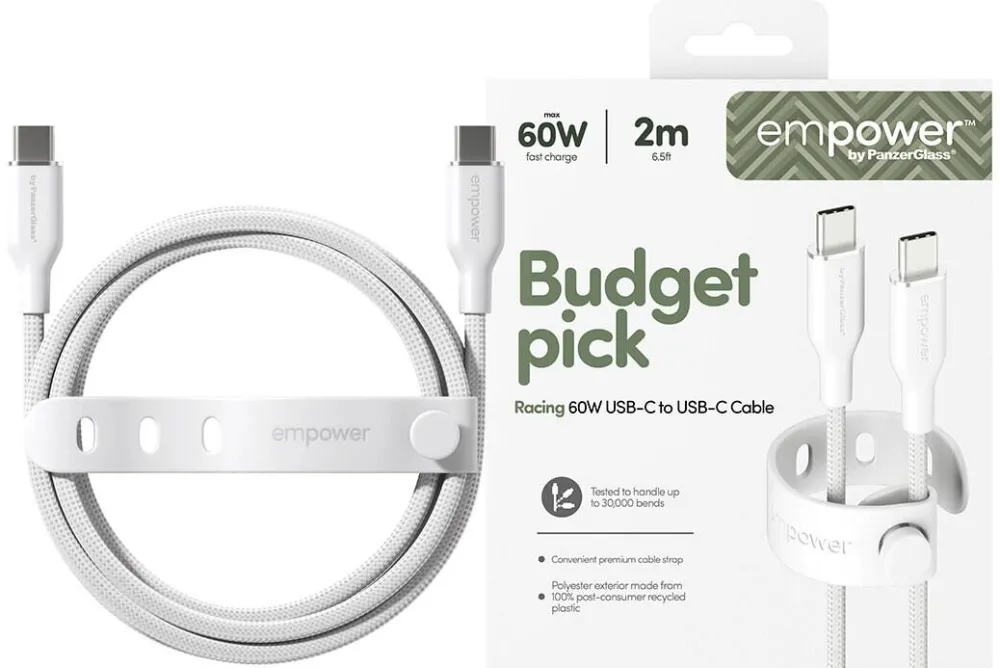 Accesoriu Retea PanzerGlass Cablu de date empower by PanzerGlass, Racing, USB-C la USB-C, 60W, USB 2.0, 2m, Argintiu Alb