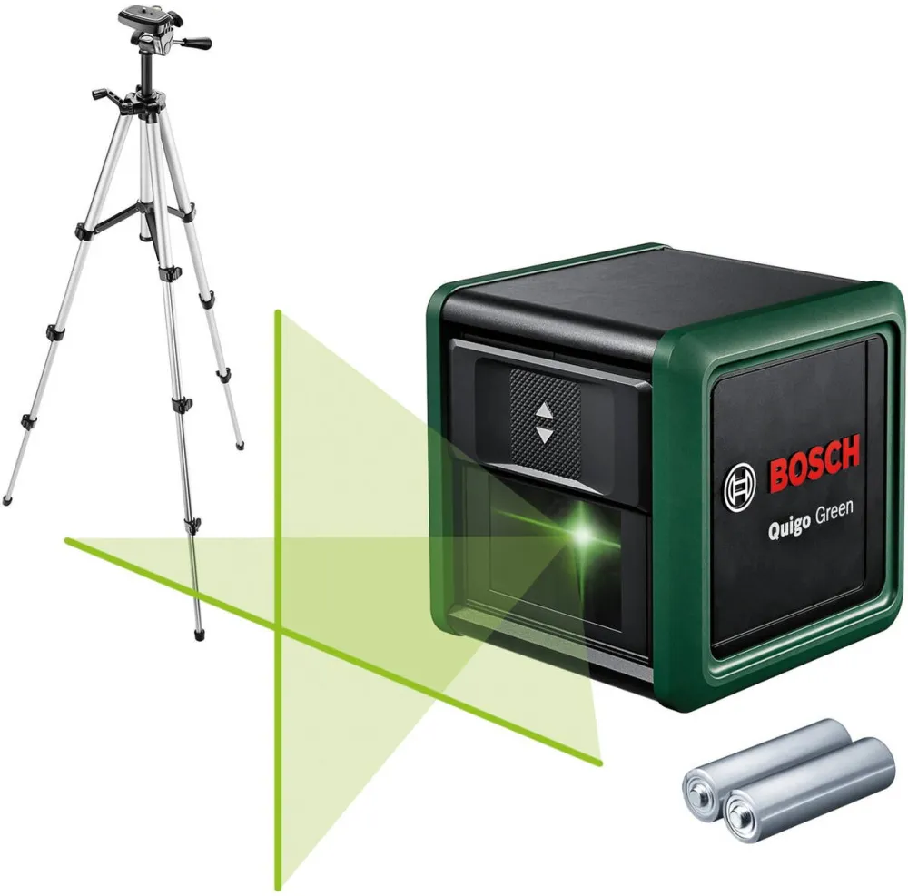 BOSCH Nivela cu laser Bosch Quigo Green Set 0603663CZ1, 12 m domeniu lucru, 500-540 nm dioda laser, ± 0.6 mm/m precizie, ±4° autonivelare, 1/4" filet stativ, 2 baterii 1.5 V), sistem prindere universal MM2, adaptor montare, stativ aluminiu telescopic