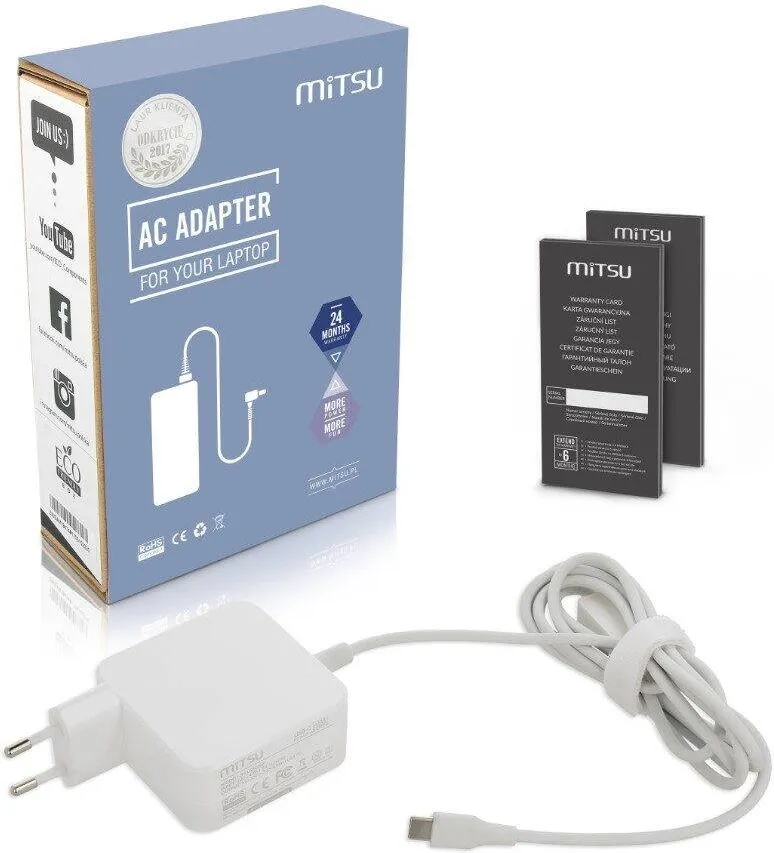 Alimentator Laptop MITSU Incarcator laptop Mitsu 45W USB Type C, alb, set complet cu cablu si instructiuni