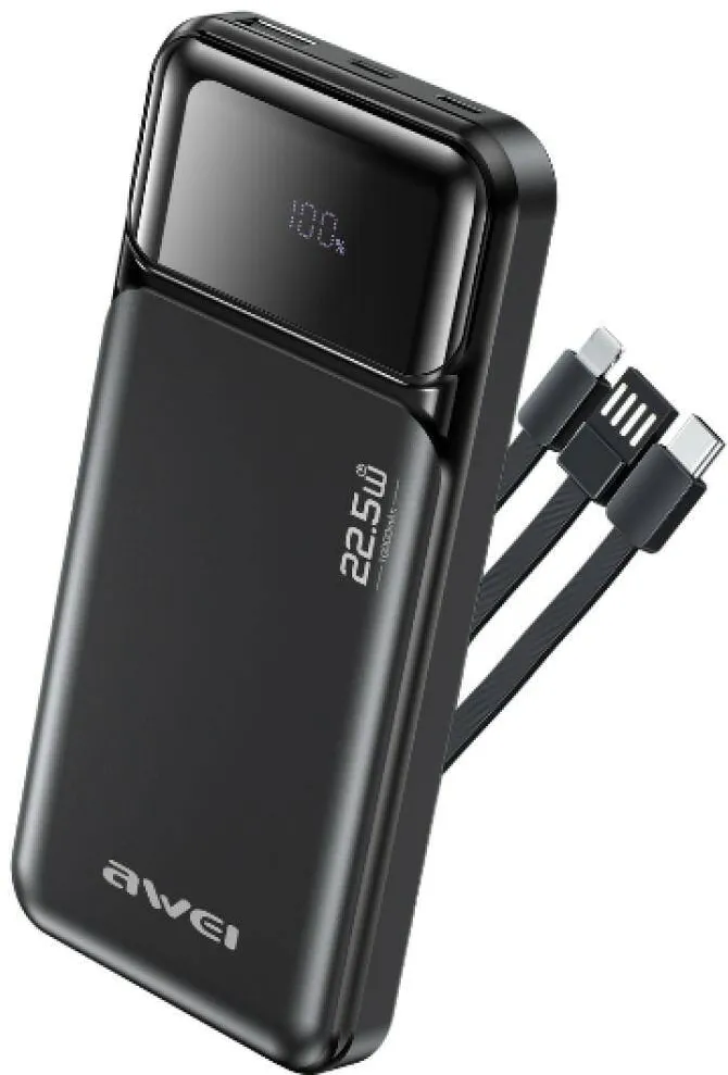 AWEI Baterie externa portabila Awei PA-91, 10000 mAh, 22.5W, 2xUSB-C, 1x USB-A, 1x Cablu USB-C, 1x Cablu Lightning, 1x Cablu USB-A, Display LED, Negru