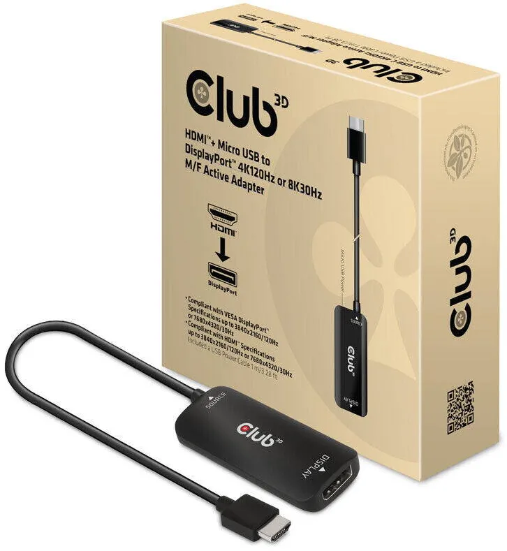 Adaptor CLUB 3D HDMI + MicroUSB > DP 4K120Hz activ St/Bu