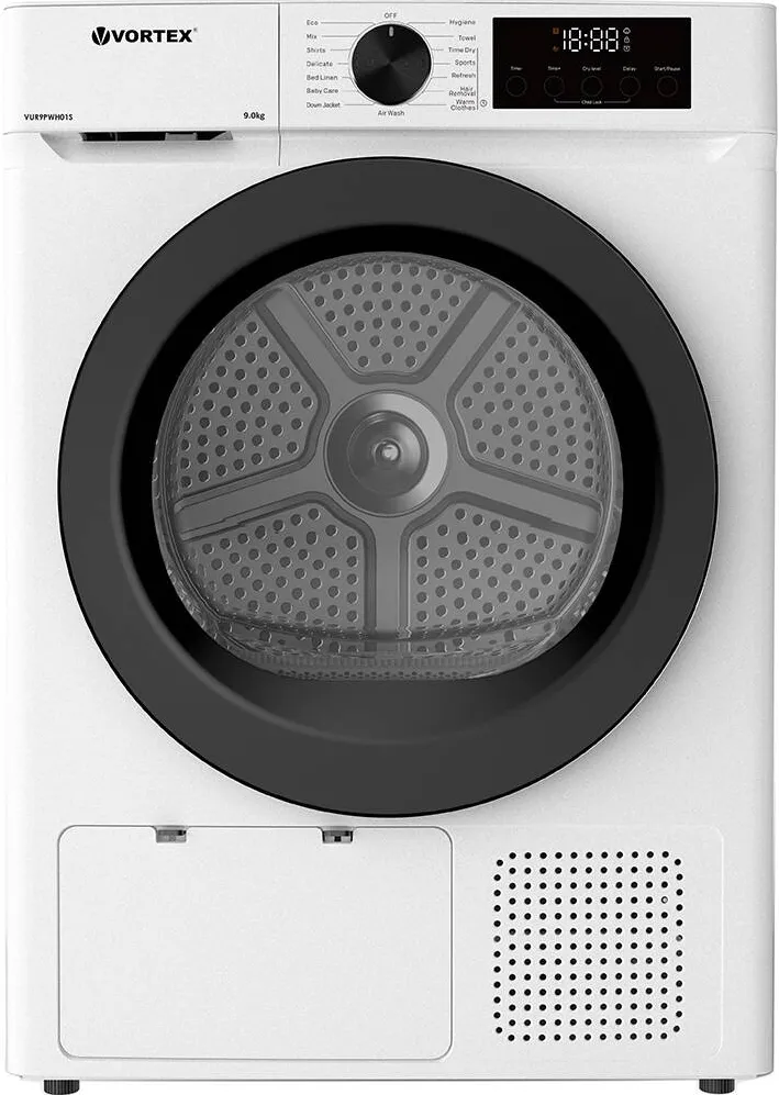Vortex Uscator de rufe VUR9PWH01S, pompa de caldura, 9 kg, 15 programe, clasa E, Alb