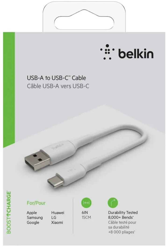 BELKIN Cablu Date USB-C/USB-A Cable 15cm PVC, white CAB001bt0MWH