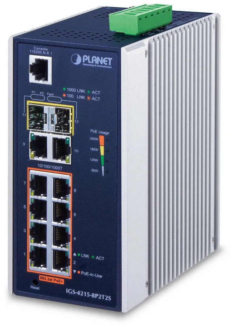 Switch Planet Switch fara management PLANET IP30, 8-porturi 10/100/1000T, 2-porturi 10/100/1000T, 2-porturi 100/1000X SFP, -40~75 grade