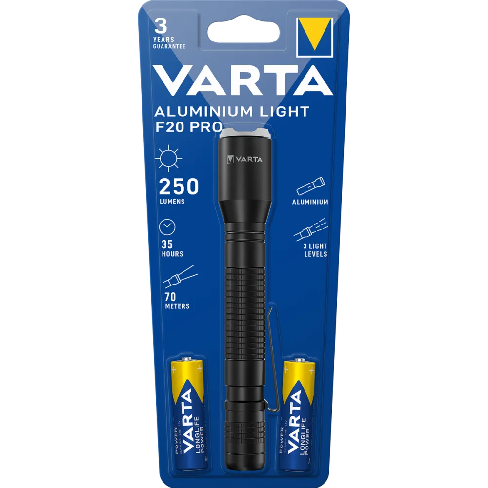 VARTA Lanterna LED Varta Aluminium Light F20 Pro, 250 lm, 2xAA, Aluminiu, Negru
