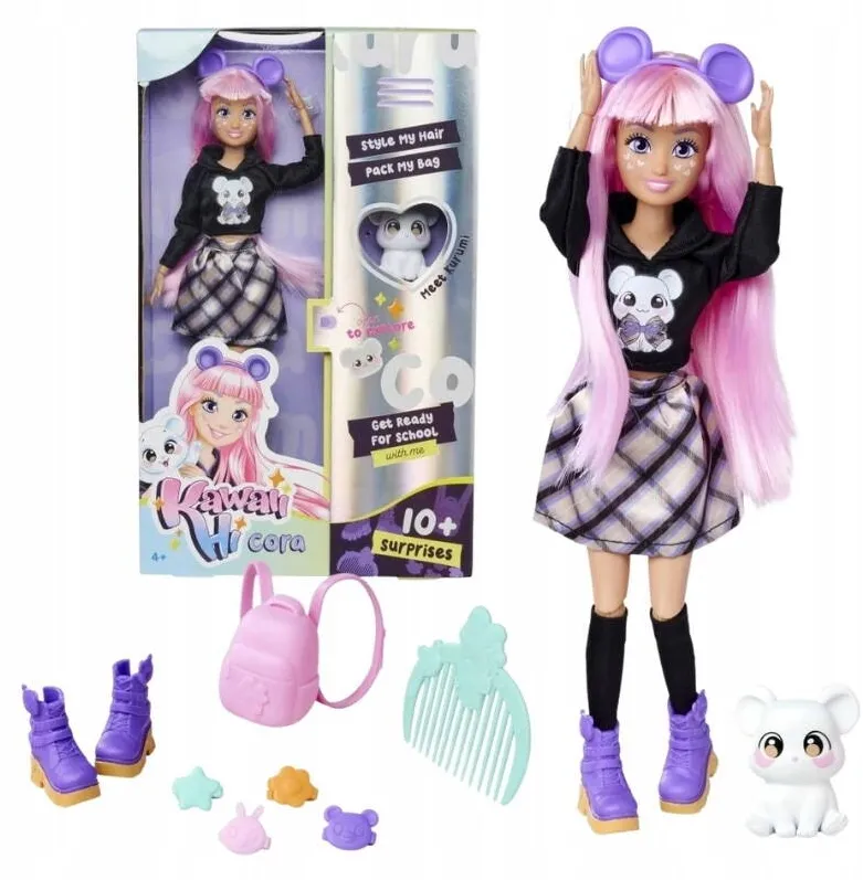 Simba Set Papusa De Moda Cora Si Ursulet Kurumi Cu Accesorii, Simba, Kawaii, Membre Mobile, Stil Kawaii, Pastelat, Ambalaj Stilizat Ca Un Dulap Scolar, Include 10 Accesorii, Papusa 26 x Animal 5 cm, Multicolor, 1 Papusa Si 10 Accesorii