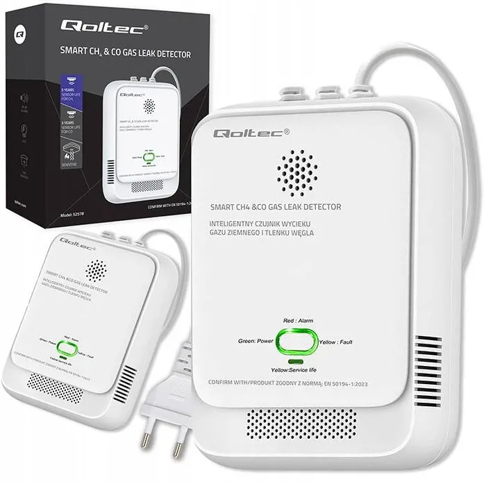QOLTEC Detector de gaz si monoxid de carbon Qoltec, Senzor electrochimic CH4 CO LPG, Alarma 85dB LED, Certificat EN50194:2023, Monitorizare 5 ani, Siguranta casa si familie, Instalare simpla 220V, Qoltec 52578
