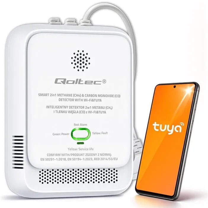 QOLTEC Senzor de scurgeri de gaze naturale si monoxid de carbon 2 in 1 certificat Qoltec, Tuya, Wi-Fi, Alarma 85dB, LED