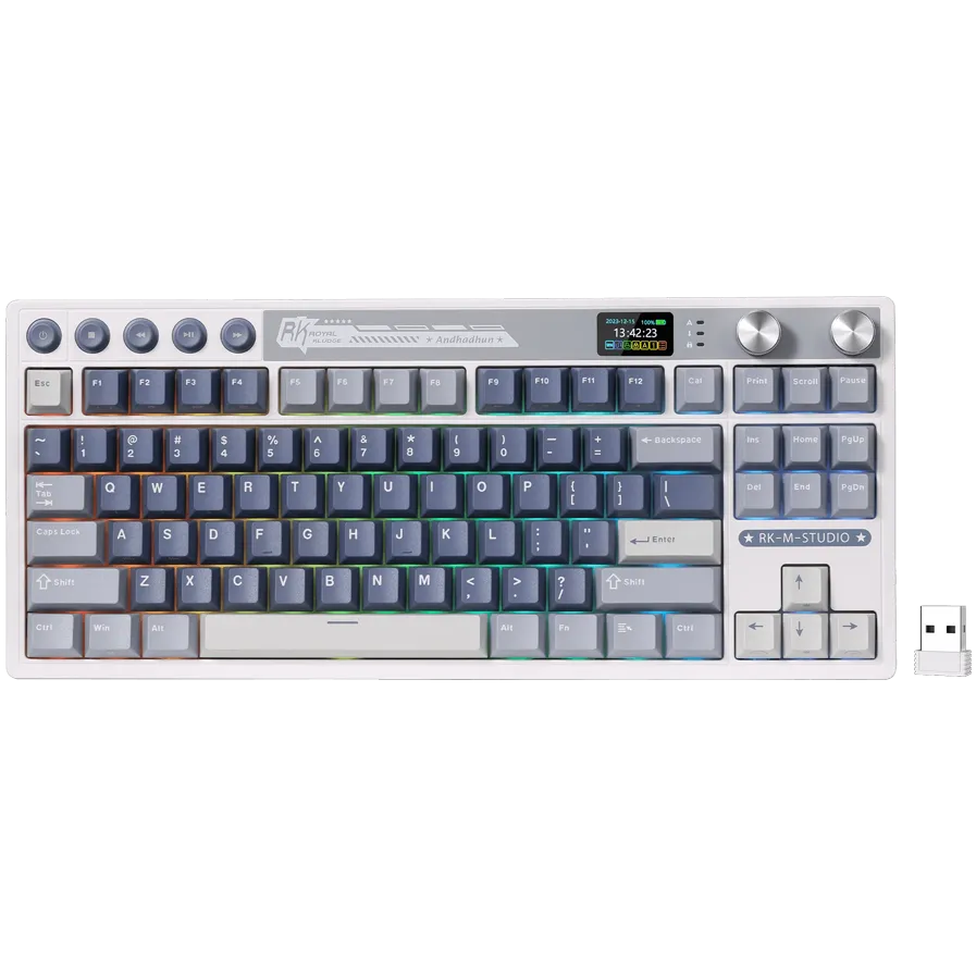 Tastatura Royal Kludge Royal Kludge Gaming Royal Kludge RK-M87, Beige Switch, iluminare RGB, Wired, Wireless 2.4Ghz, Bluetooth Albastru/Gri