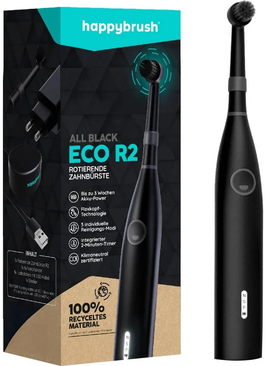 Happybrush ECO R2 Allblack + 3 Refills, Electric Toothbrush (black)