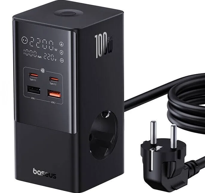Baseus GaN Powerstrip, Quick Charge 100W, 2 x AC, 2 x USB Type-C Output 5V/3A, 2 x USB, lungime 1.5m, negru "E00023609113-00" - 6932172635855