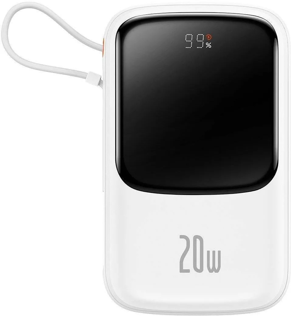 Baseus POWER BANK Qpow Pro Digital Display, 10000mAh, 20W, 1 x integrat Iphone Lightning output, 1 x USB, 1 x USB Type-C, alb "PPQD060002" - 6932172620592