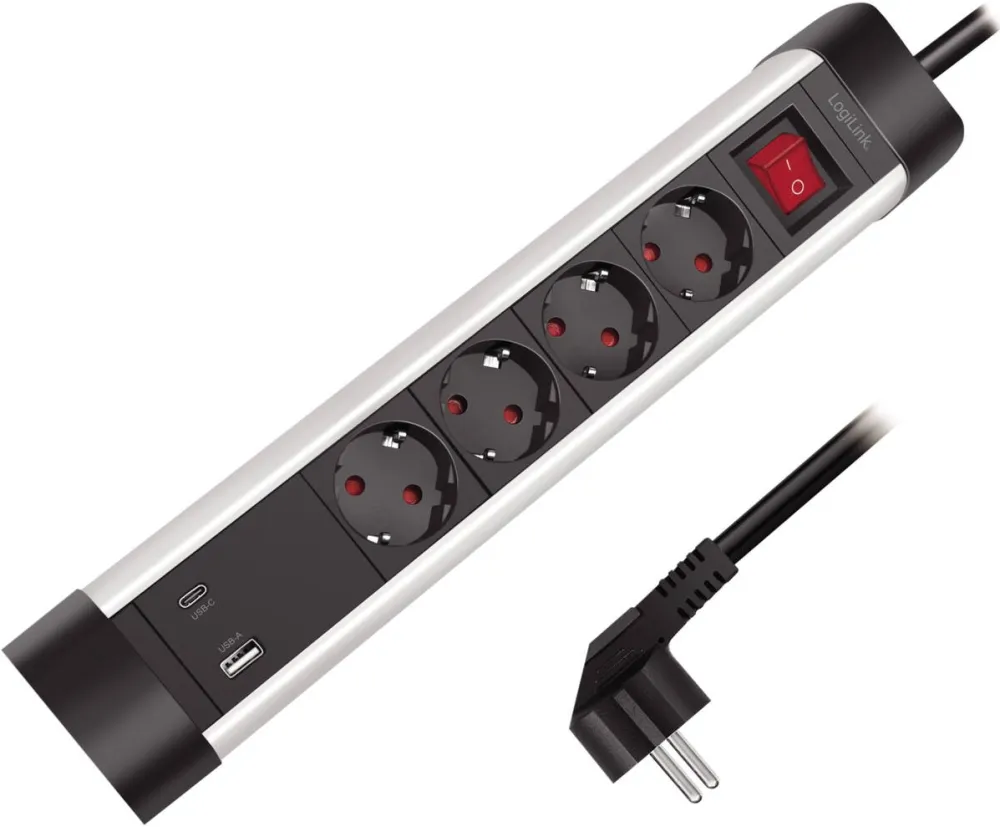Logilink PRELUNGITOR LOGILINK, Schuko x 4, conectare prin Schuko (T), ON/OFF, 16 A, 1xUSB-A, 1xUSB-C, 1.5m, protectie IP20, negru-argintiu, "LPS278U"
