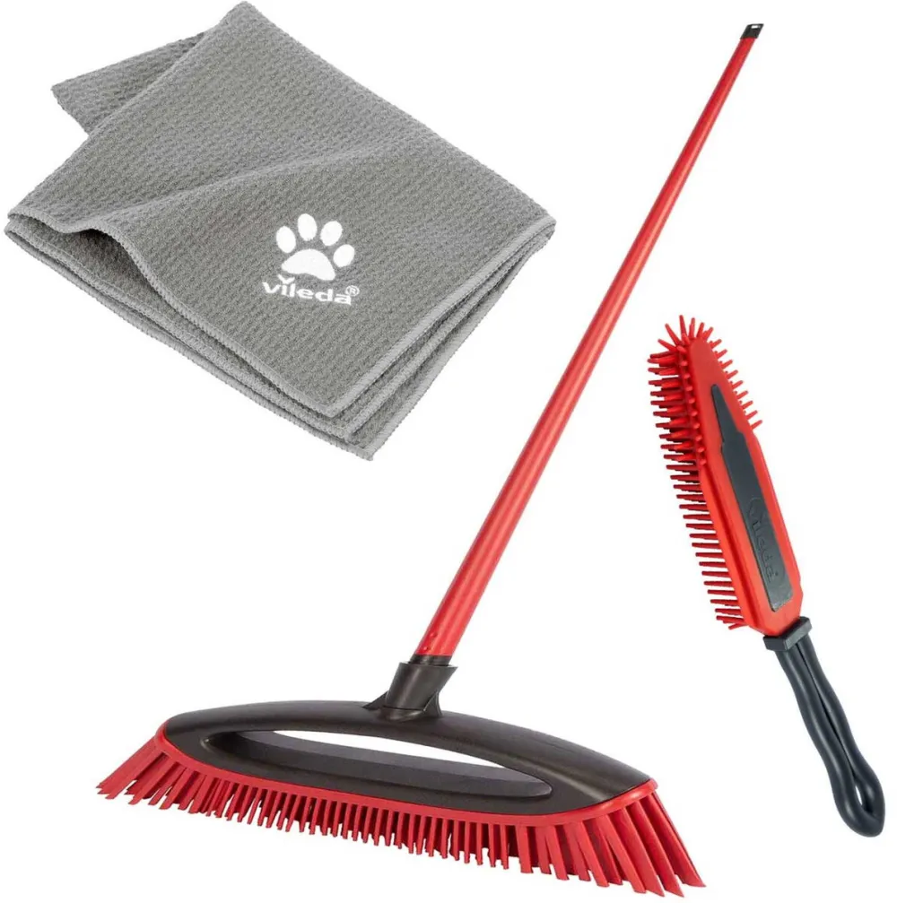 VILEDA Pet Pro ALWAYS CLEAN broom box, 3-piece set (red, ALWAYS CLEAN broom + Pet Pro electrostatic brush + Pet Pro microfiber towel XL)