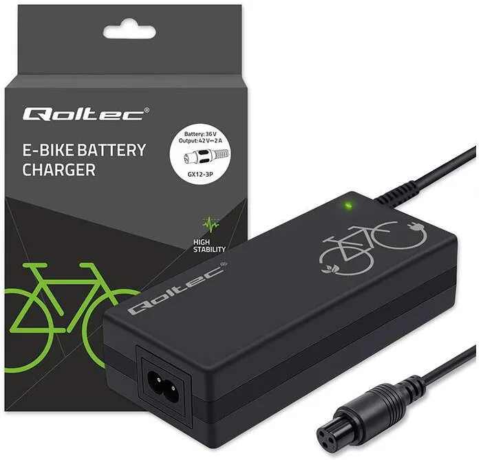 QOLTEC Incarcator Qoltec pentru bicicleta electrica 36V/42V, 2A, GX12-3Pin, cu cablu de alimentare