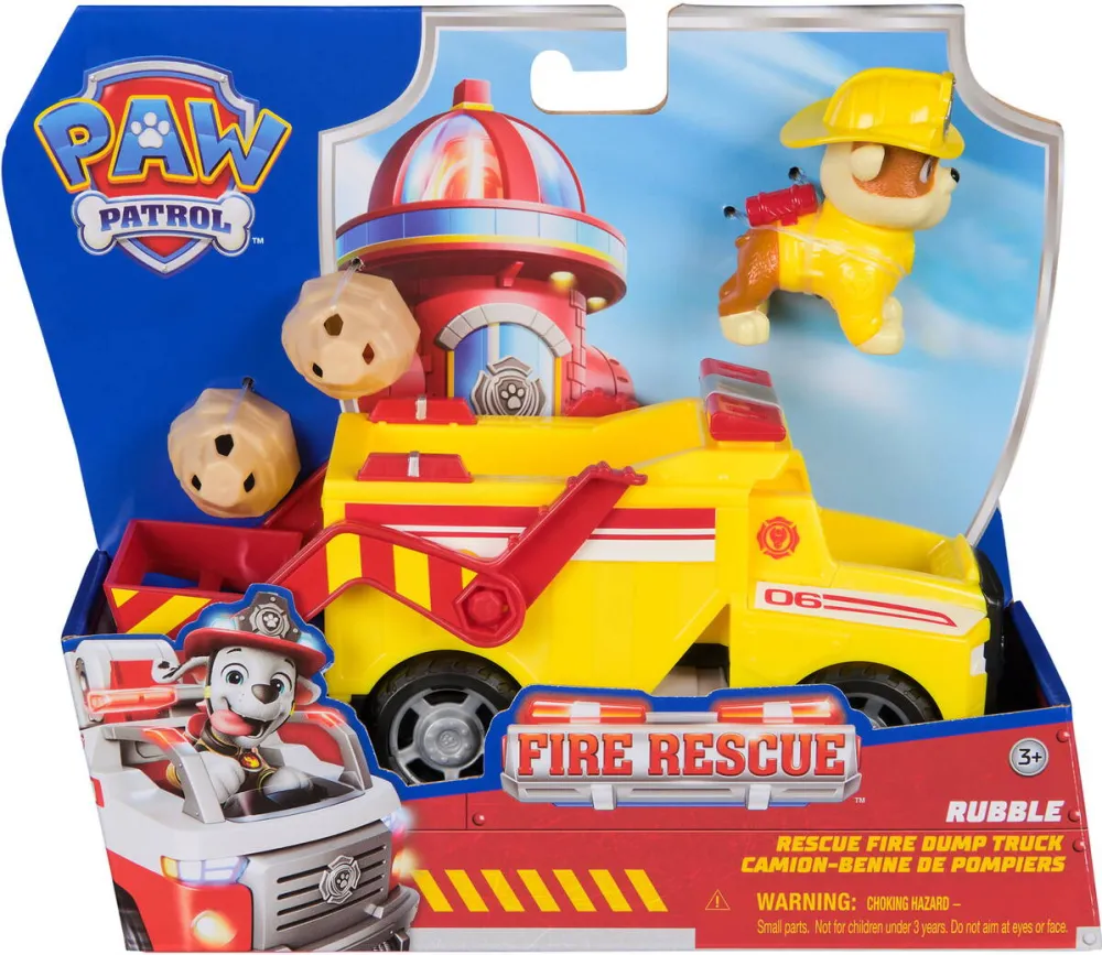 Spin Master Paw Patrol Fire Rescue - Rubble's Rescue Truck, Toy Vehicle with Shovel and Missiles and Rubble Dog Figure
