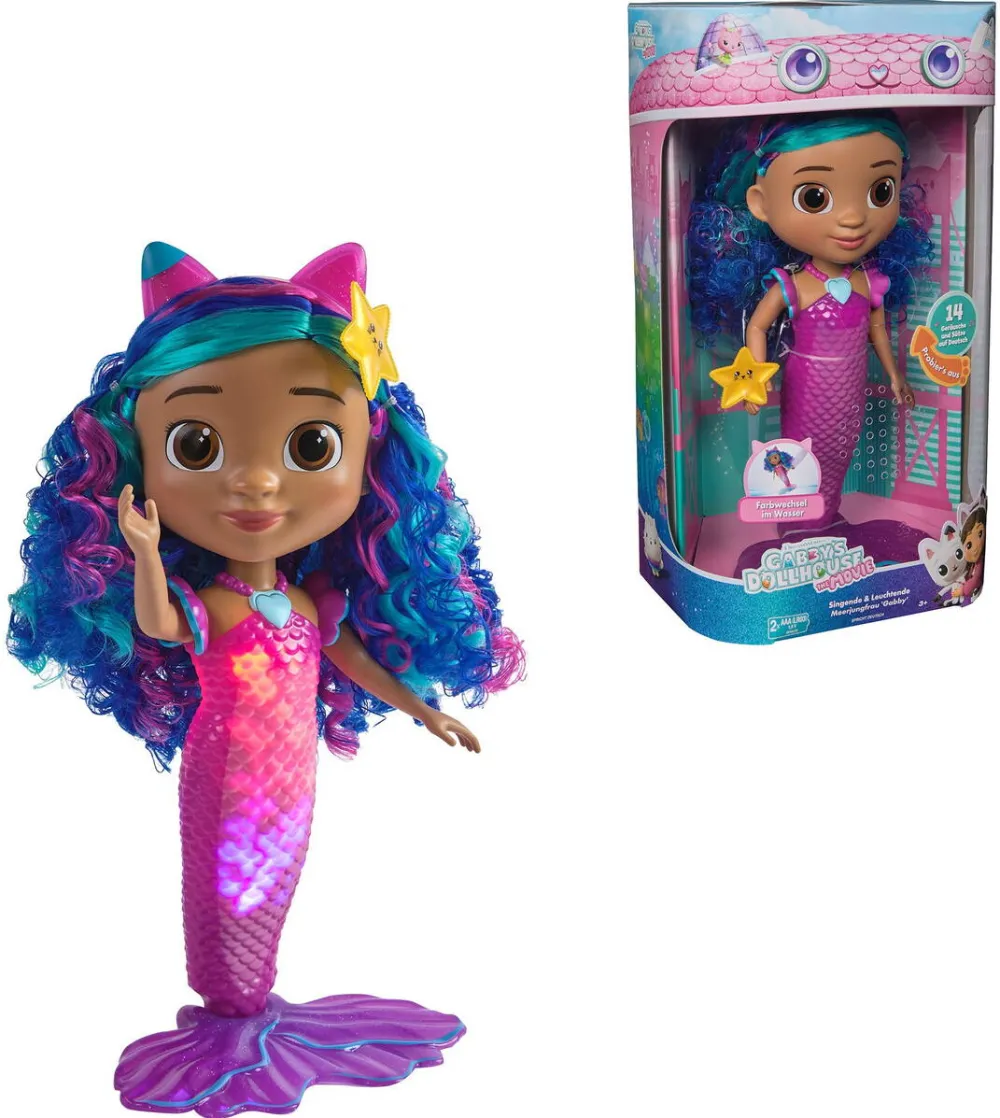 Spin Master Gabby's Dollhouse: The Movie - Sing & Shine Mermaid Gabby, 30cm tall water play doll with light & sound effects