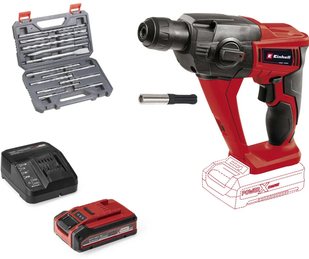Einhell Power X-Change cordless hammer drill TE-HD 18 Li, 18 Volt red/black, Li-Ion battery 4.0 Ah Plus, with drill and chisel set