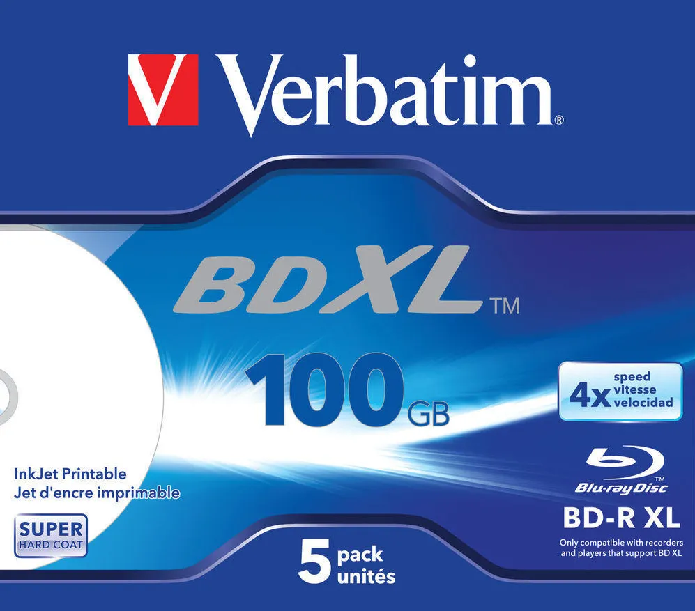 VERBATIM BD-R XL 100GB 4X WIDE WHITE INKJET PRINTABLE HARDCOAT SURFACE Jewel Case