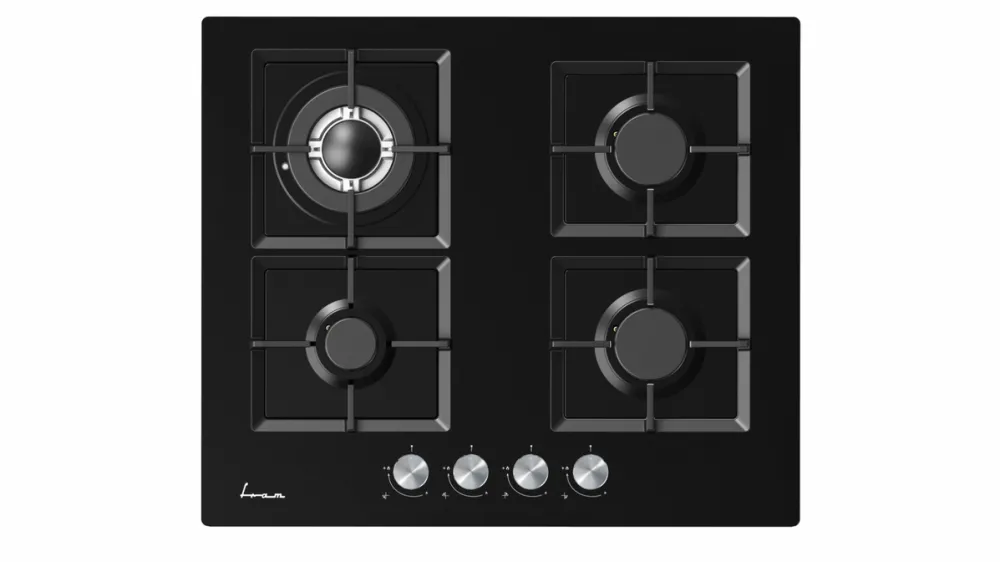 Plita FRAM incorporabila FBH-M4IWF-GBK, Gaz, 4 arzatoare, Gratar fonta, Wok, Aprindere electrica, Dispozitiv de siguranta, 60 cm, Sticla neagra