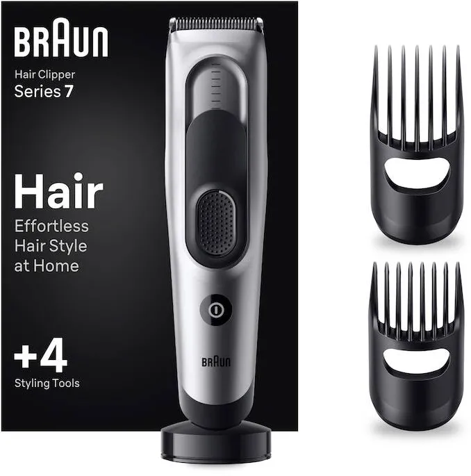 BRAUN Aparat de tuns electric Braun Series 7 HC7390, Memory Safety Lock, 17 setari de lungime, 2 piepteni, Suport de incarcare, autonomie 50 minute, Negru/Argintiu
