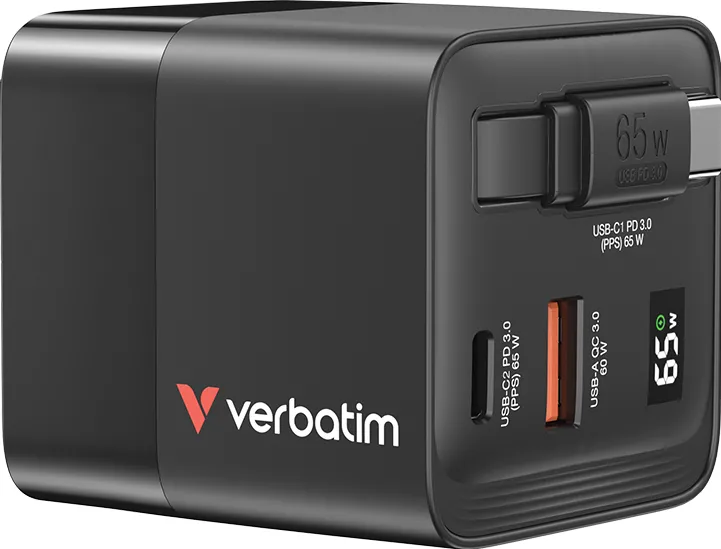 VERBATIM Incarcator Verbatim GaN 65W cablu retract EU/UK/US1 x USB-C PD 65W, 1 x USB-A QC 3.0