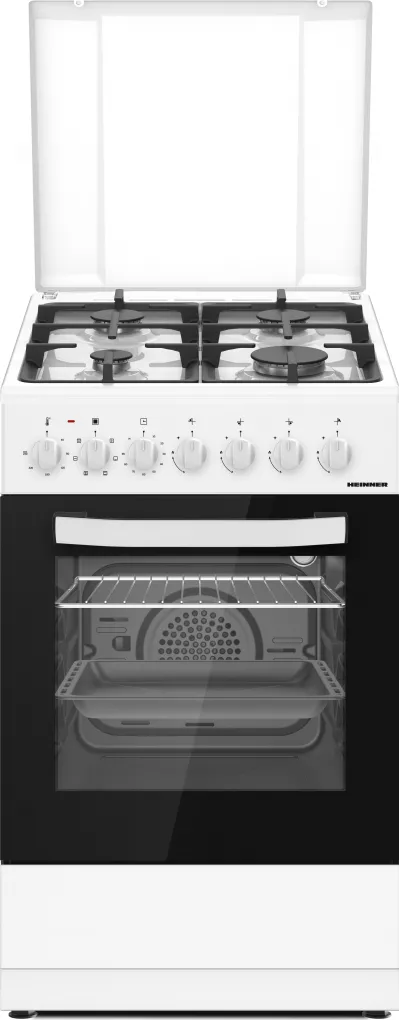 Aragaz mixt HFSC-S65MIXF-WH, Gaz, 4 arzatoare, Aprindere electrica plita, Cuptor electric, Clasa A, 6 functii, Timer, Grill, Lumina cuptor, Sertar inferior vase, Alb