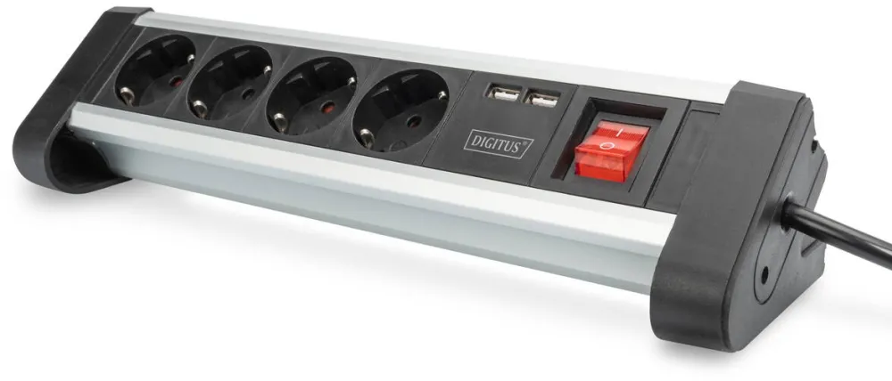 Digitus DIGITUS 4-way Office Power Strip with 2x USB On/Off Switch, Alu-housing, USB out: 5V/2A, bl/si