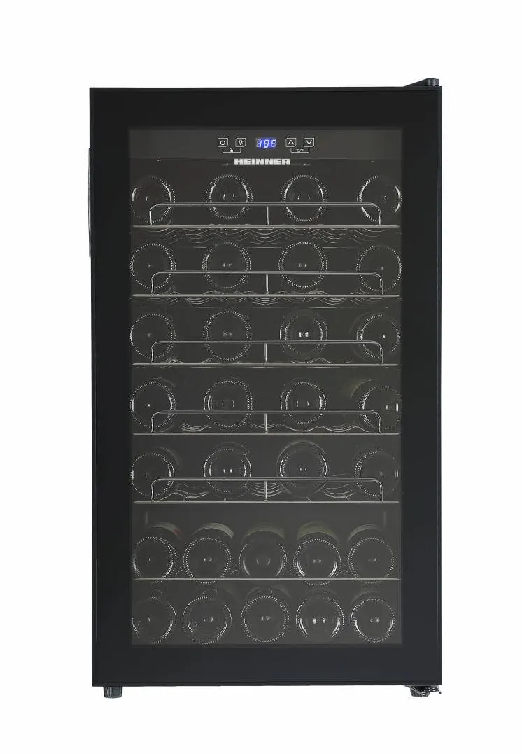 Racitor de vinuri HEINNER HRV-A118DRM40, 118 l, Clasa G, 40 sticle (750 ml), Display LED, 5+1 rafturi metalice cromate, Usa reversibila, Negru
