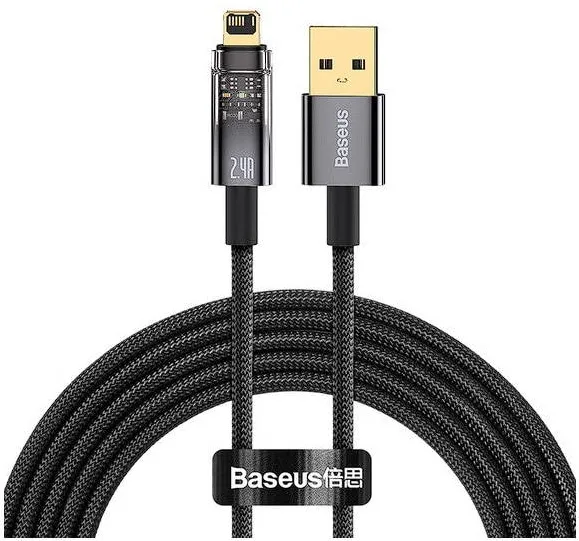 Baseus CABLU alimentare si date Explorer, Fast Charging Data Cable pt. smartphone, USB la Lightning 2.4A, 2m, Auto Power-Off, negru transparent "CATS000501"  - 6932172605773
