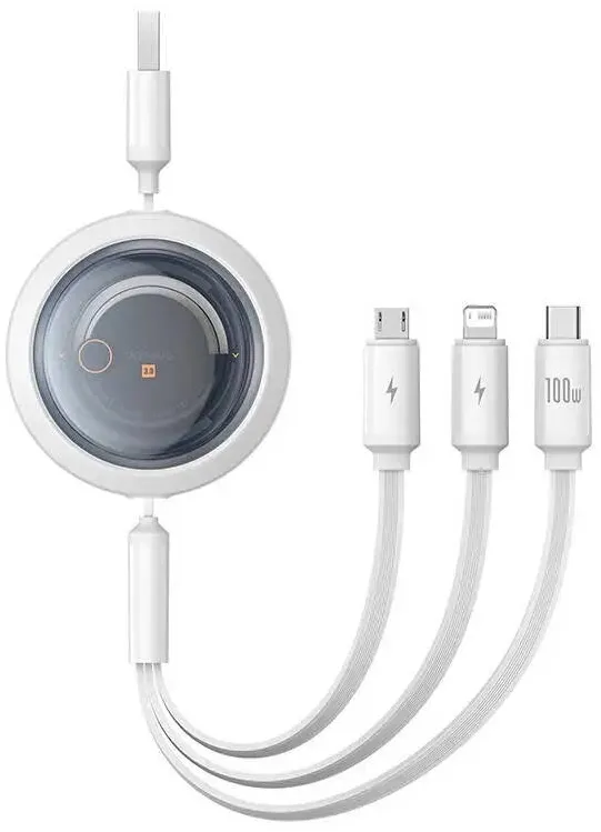 Baseus CABLU alimentare si date Free2Draw, Fast Charging Data Cable pt. smartphone, retractabil, USB la Micro-USB+Lightning + USB Type-C 100W, 1.1m, alb "P10368700211-02"- 6932172656409