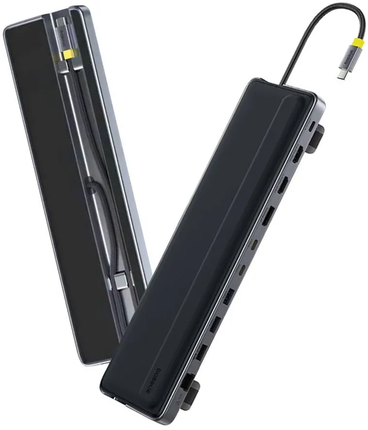Docking Station Baseus EliteJoy EH3 Series 12-in-1, conectare PC USB-C,Type-C to 2xHDMI 4K@60Hz,1xDP4K@60Hz,2xUSB-C(10Gbps),2xUSB-A(5Gbps),1xUSB-A(480Mbps),SD/TF(3.0),RJ45(Gigabit),USB-C(PD), gri