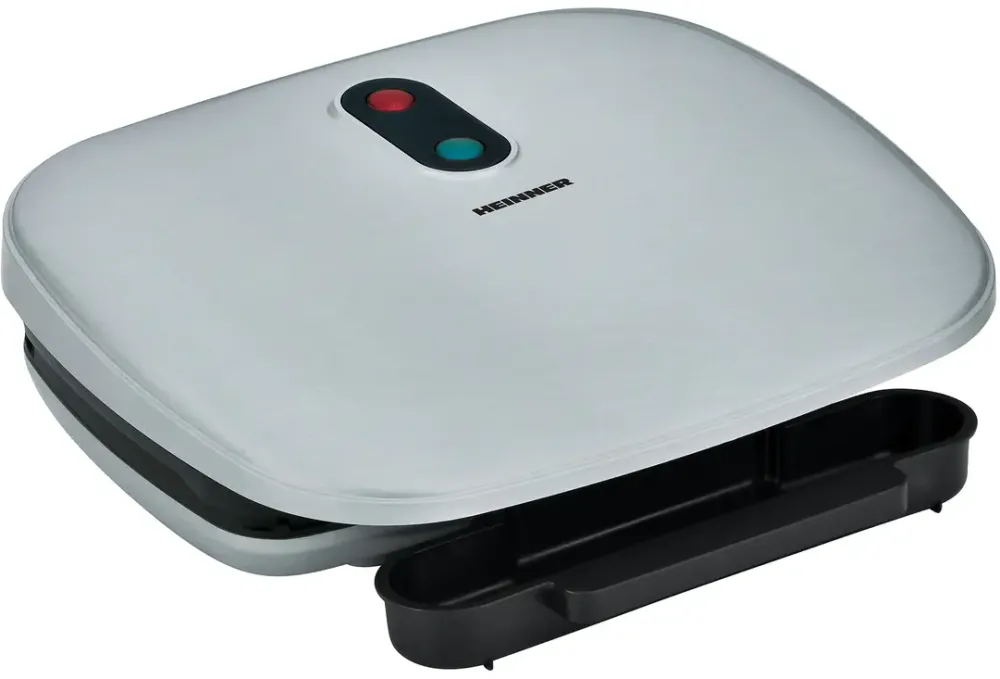 HEINNER Gratar electric AriaGrill HEG-F1000SL, 1000W; placi fixe turnate 27 x 23 cm, invelis antiaderent, maner rece, Indicator luminos, tava pentru colectare ulei, Argintiu