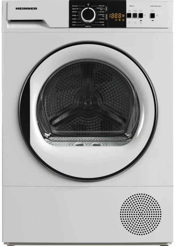 HEINNER Uscator de rufe HHPD-V8T1CHA++, pompa de caldura, 8 kg, 15 programe, clasa E, Display, Iluminare interioara, Indicator curatare filtru, Indicator rezervor colectare, Blocare acces copii, Alb