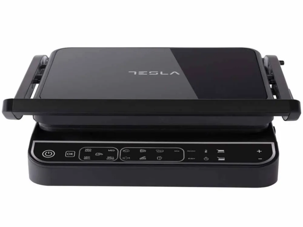 Tesla Gratar electric Tesla GR500BG, 2000 W, 10 programeLED, control digital, 30x23cm, negru/sticla
