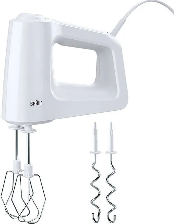 BRAUN Mixer de mana HM3000WH, 450 W, 5 viteze + Turbo, 2 palete, 2 carlige pentru aluat, Alb/Gri