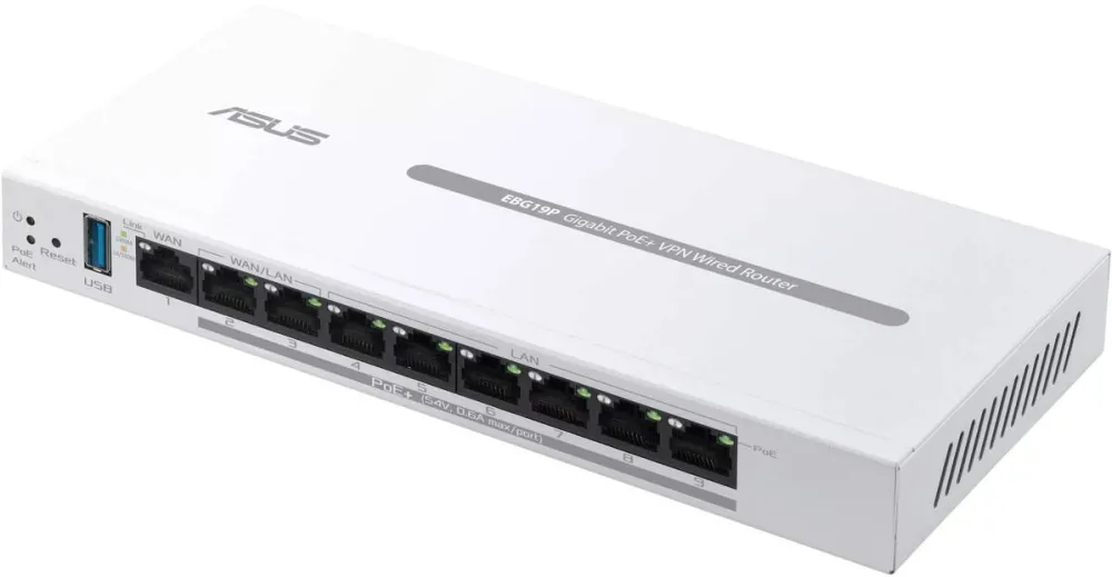 Router Wireless Asus PoE+ Business ASUS ExpertWiFi EBG19P, 8 porturi PoE+, 123W, 1 gigabit WAN+2 gigabit WAN/LAN, USB 3.2, control centralizat PoE, SDN, guest portal customizat, Multi-WAN, Load Balance, Commercial-Grade Network Security & VPN, AiMesh, mon