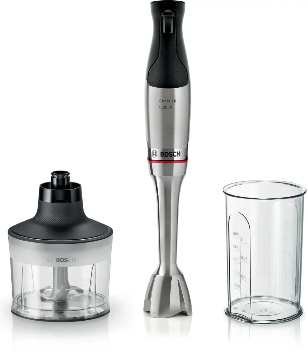 BOSCH Mixer vertical ErgoMaster MSM6M830, 1200 W, Inox, minitocator, vas gradat, cutit QuattroBlade System Pro lama rotativa cu 4 laturi, Inox/negru