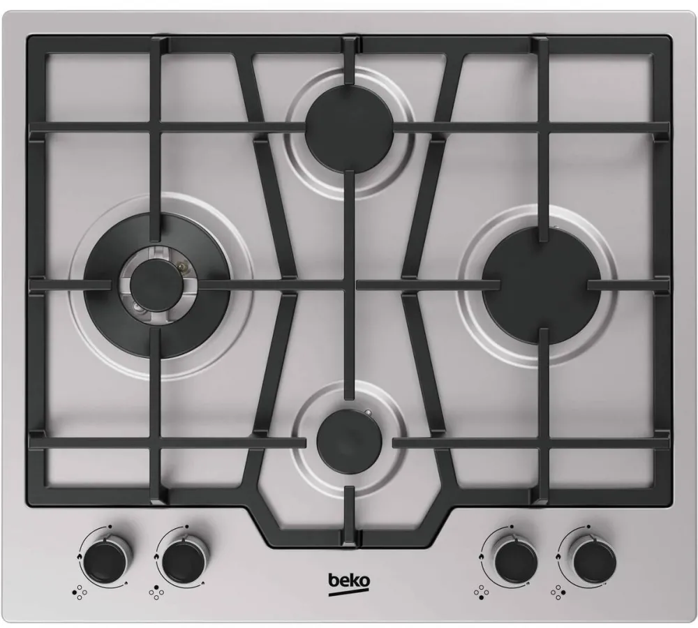 Plita BEKO incorporabila HIAW642210X, Gaz, 4 arzatoare, Gratar fonta, Arzator Wok, Siguranta flacara, FlameAdjust, 60 cm, Inox