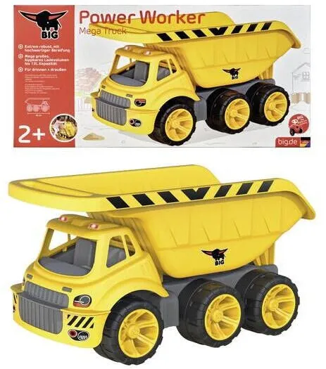 Masina BIG Camion de gunoi BIG Mega Power Worker, 65cm, galben, capacitate 13 litri, set pentru copii de la 2 ani