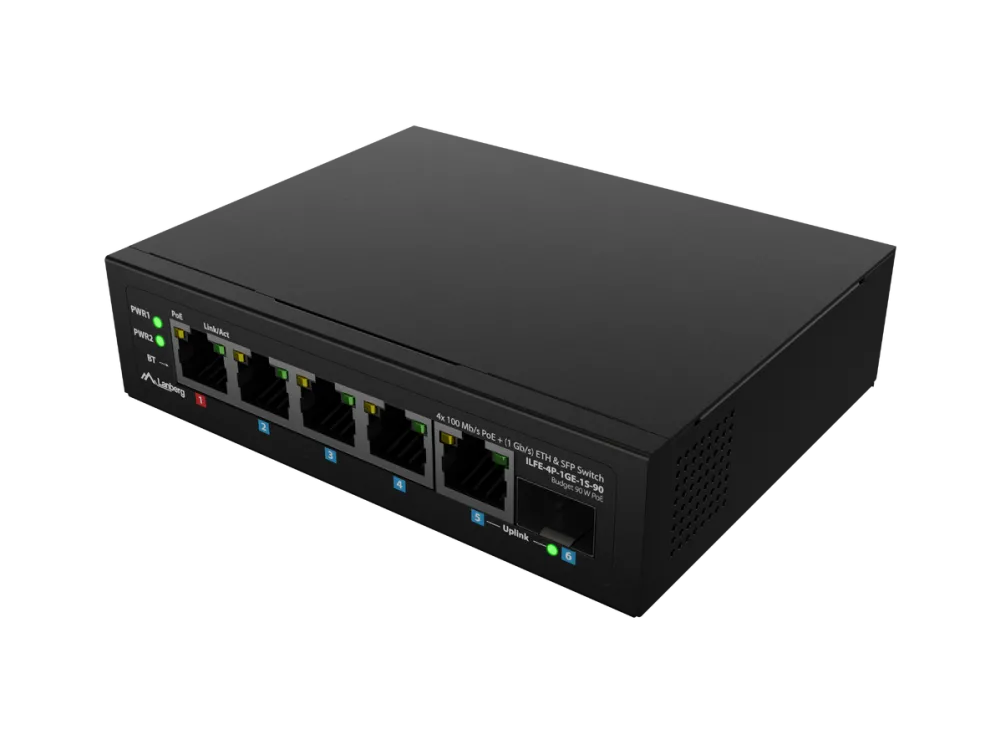 Switch LANBERG ILFE-4P-1GE-1S-90 PoE 1xBT 3xAT SFP/ETH Din Unmanagment Fast Ethernet