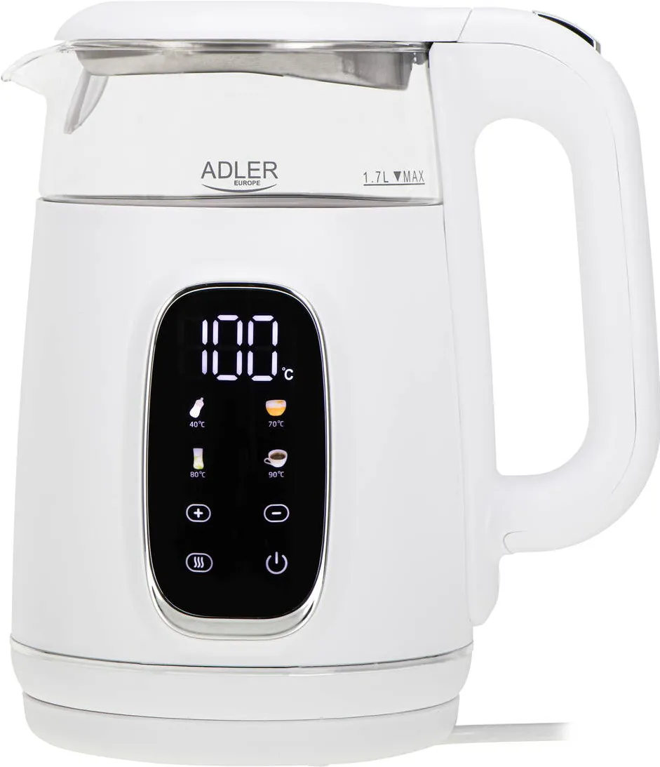 Adler AD 1305 electric kettle, Glass with LED display & temperature regulation, 1.7L, White/Silver