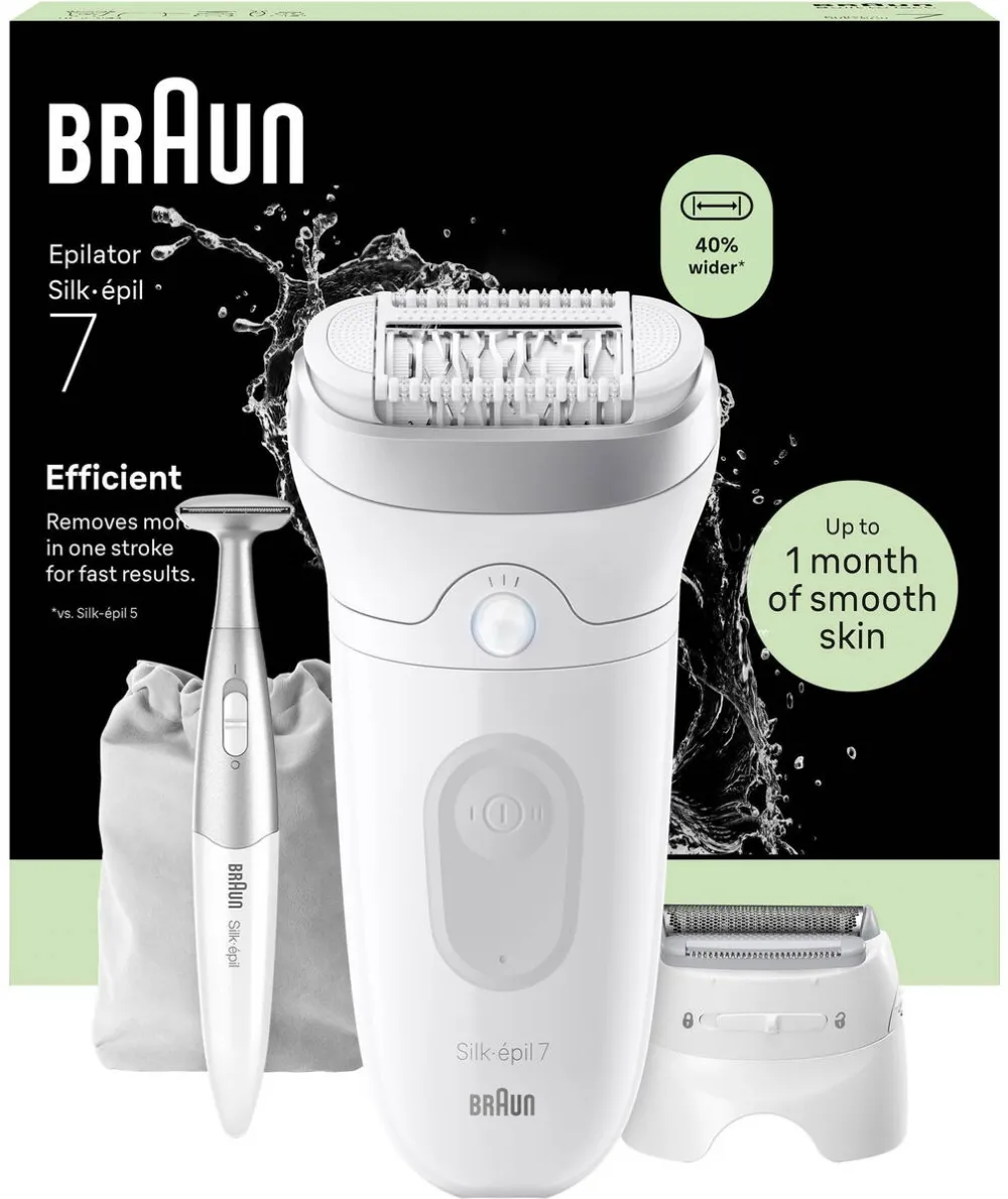 BRAUN Epilator Braun Silk-épil 7 7-241 SkinSpa, Wet & Dry, MicroGrip, Smart Light, 40 de pensete, 2 viteze, Cap de ras + Pieptene pentru tuns, 1 Cap pentru exfoliere, Trimmer Bikini, 1 Capac, Saculet de voiaj, Alb/Argintiu