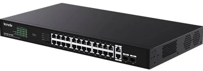 Switch Tenda unmanaged, 24 porturi POE+ RJ-45 gigabit, 2 porturi uplink gigabit RJ-45 si 2 porturi SFP IEEE 802.3af/at, max PoE 250W, metalic