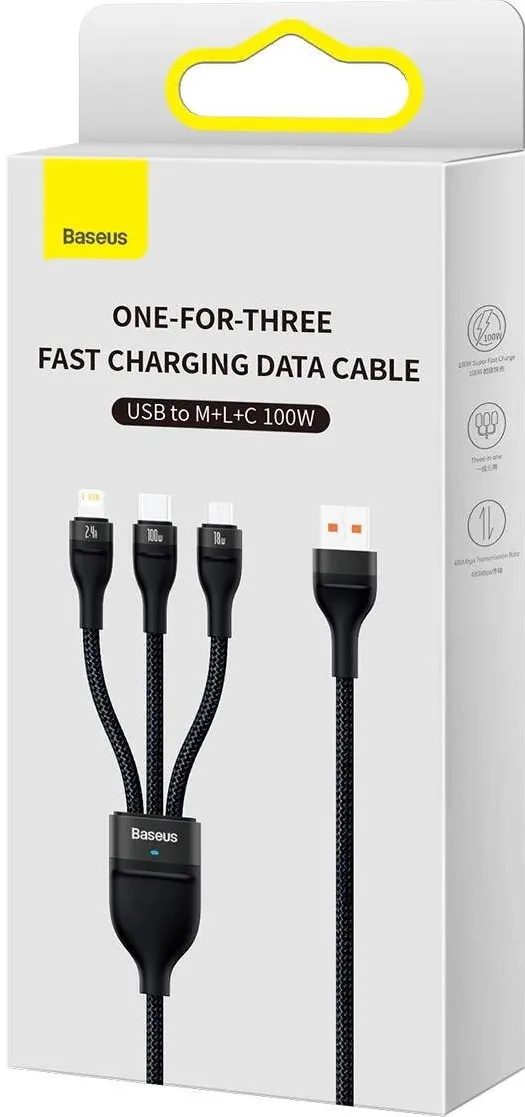 Baseus Cablu Baseus Flash II 3In1, USB la M+L+C, 100W, 1.2 m, Negru